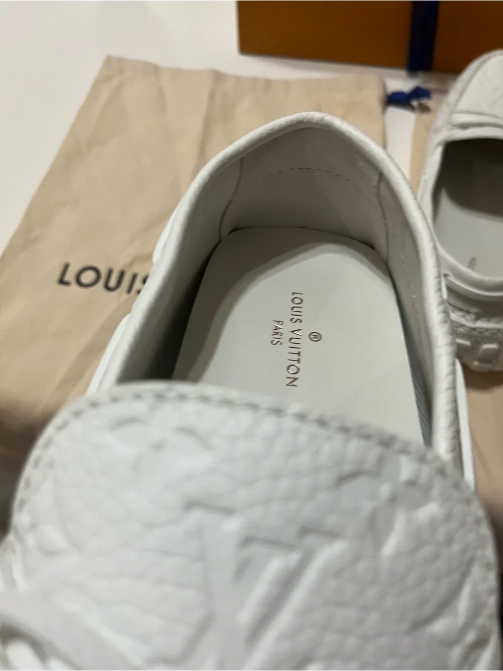 Louis Vuitton White Embossed Monogram Driving Loafers with Bow